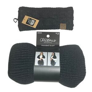 New Women's Black Cable Knit C.C Head Wrap & Hooded Knit Scarf Bundle